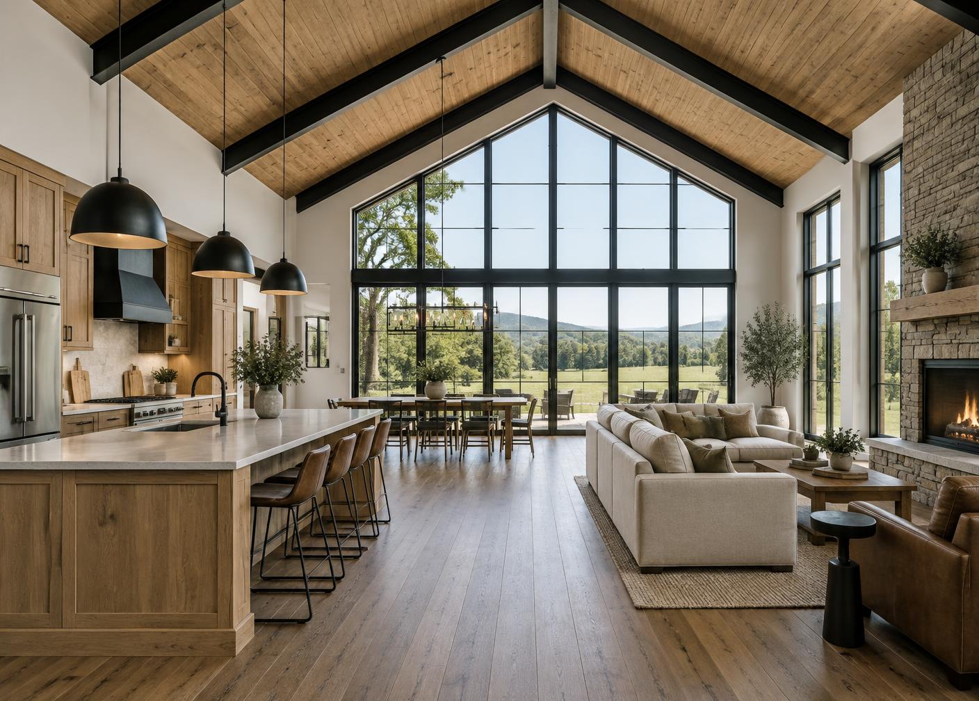 Vaulted modern barndominium kitchen and open living area